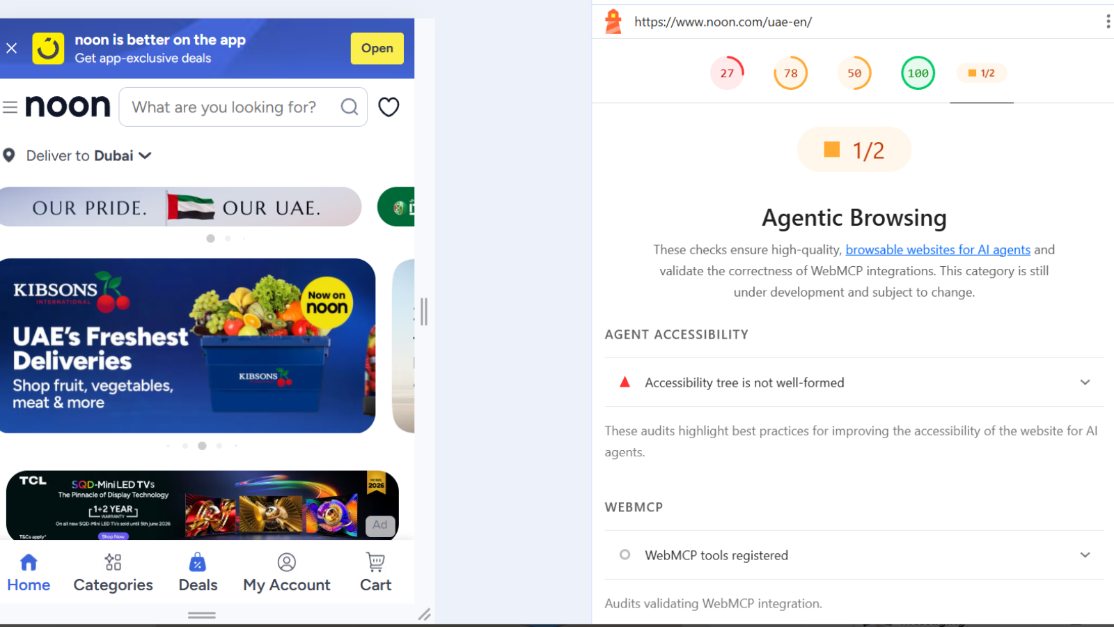 Lighthouse Agentic Browsing report results example