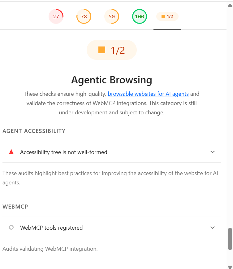 Lighthouse Agentic Browsing report results example
